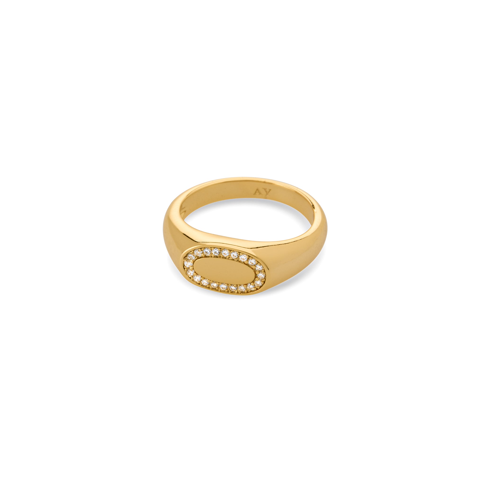 small gold signet ring with crystals